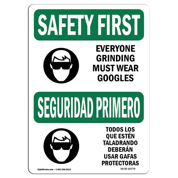 OSHA Sign, Everyone Grinding Bilingual, 24in X 18in Rigid Plastic, 24" W, 18" H, Landscape